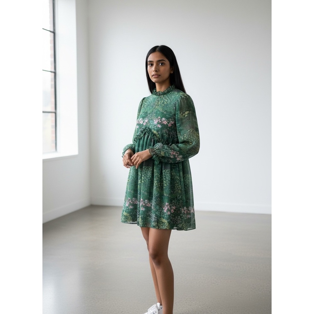 Ted Baker Verdant Garden Floral Print Sheer Long Sleeve Ruffle Mini Dress